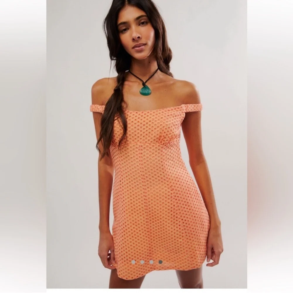 Free People Berry Kiss Mini Dress NWT Small Orange Floral Off Shoulder Boho - Picture 14 of 16